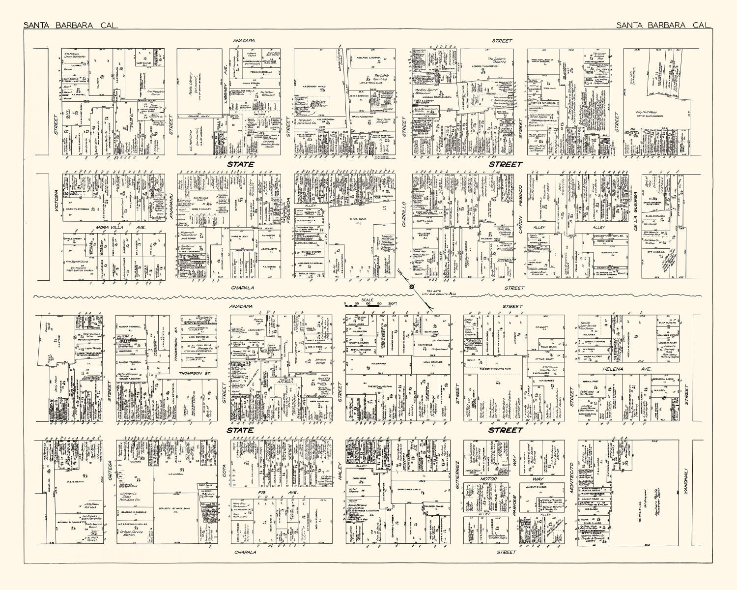 Vintage Map of Santa Barbara, CA Business Section 1929