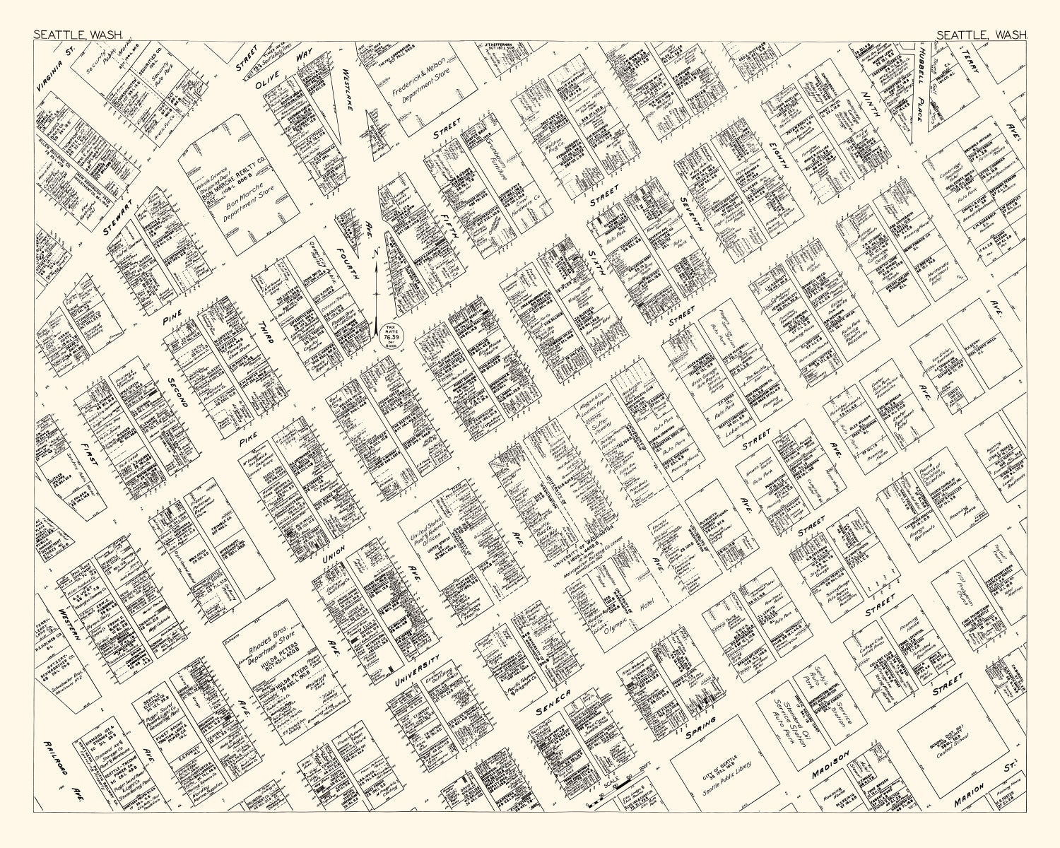 Vintage Map of Seattle, WA Business Section 1929