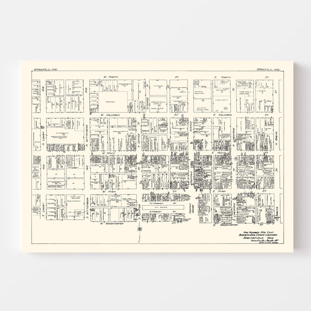 Vintage Map of Springfield, OH Business Section 1929