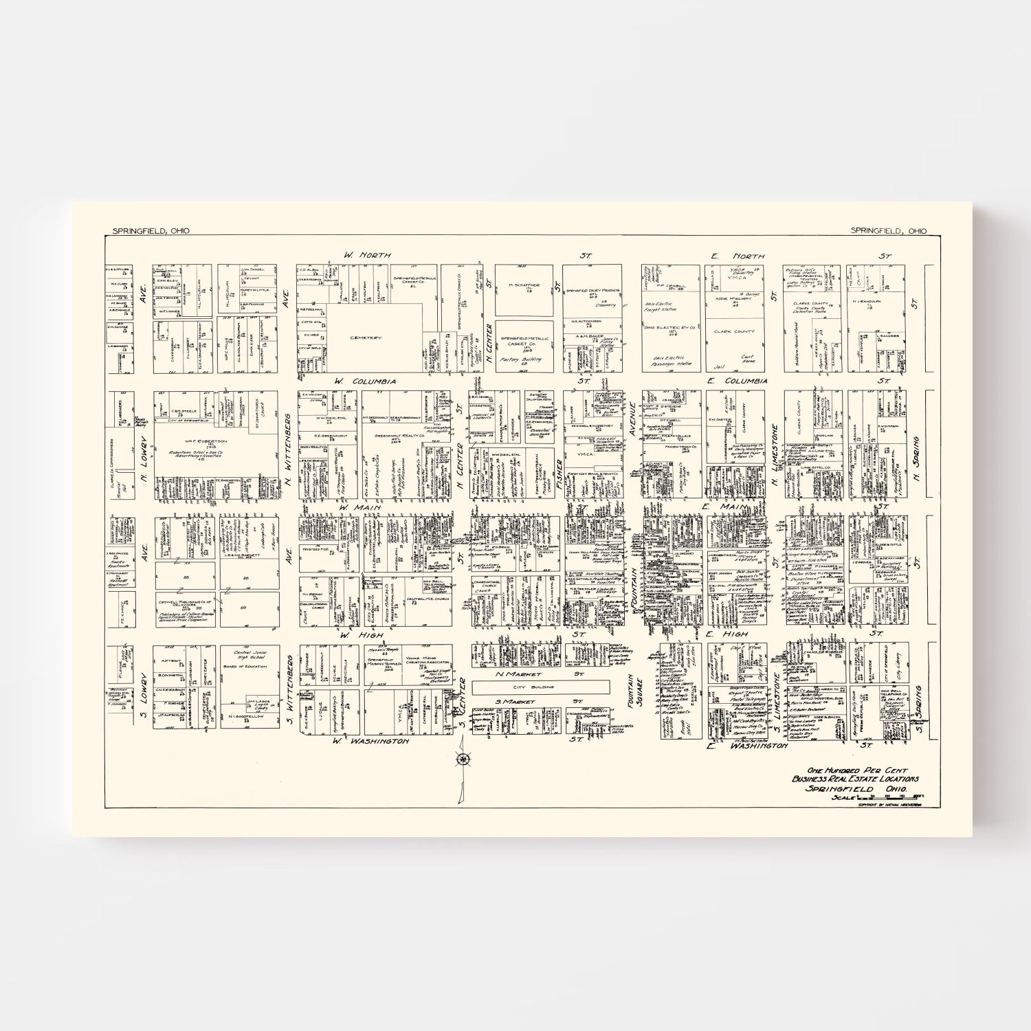 Vintage Map of Springfield, OH Business Section 1929