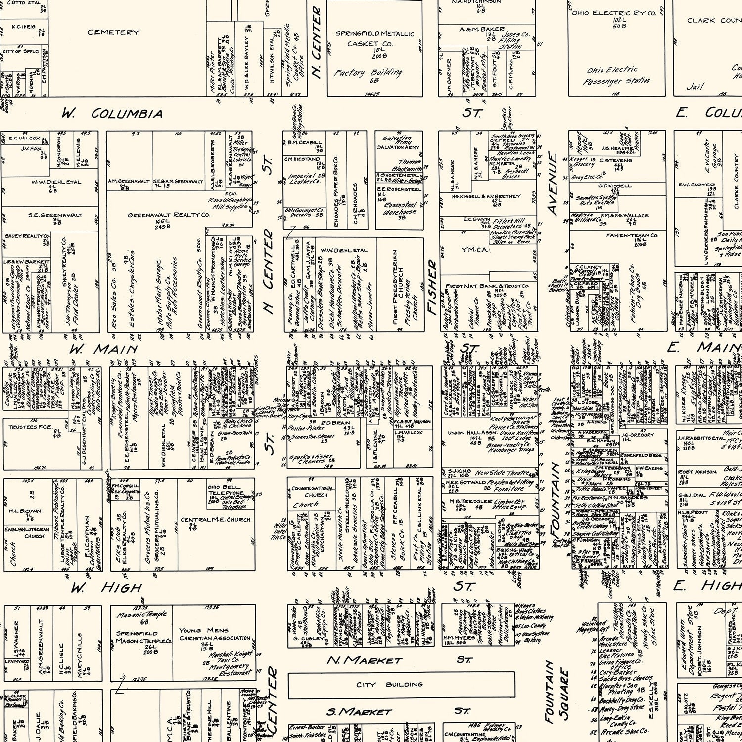 Vintage Map of Springfield, OH Business Section 1929
