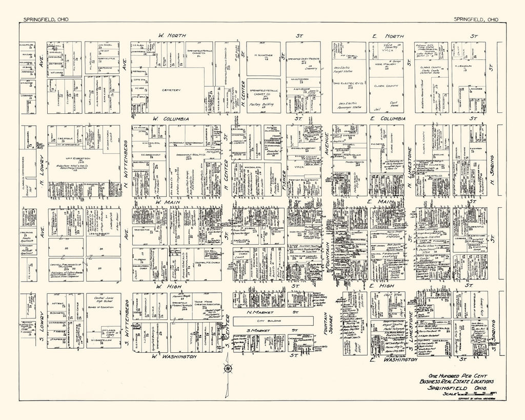 Vintage Map of Springfield, OH Business Section 1929