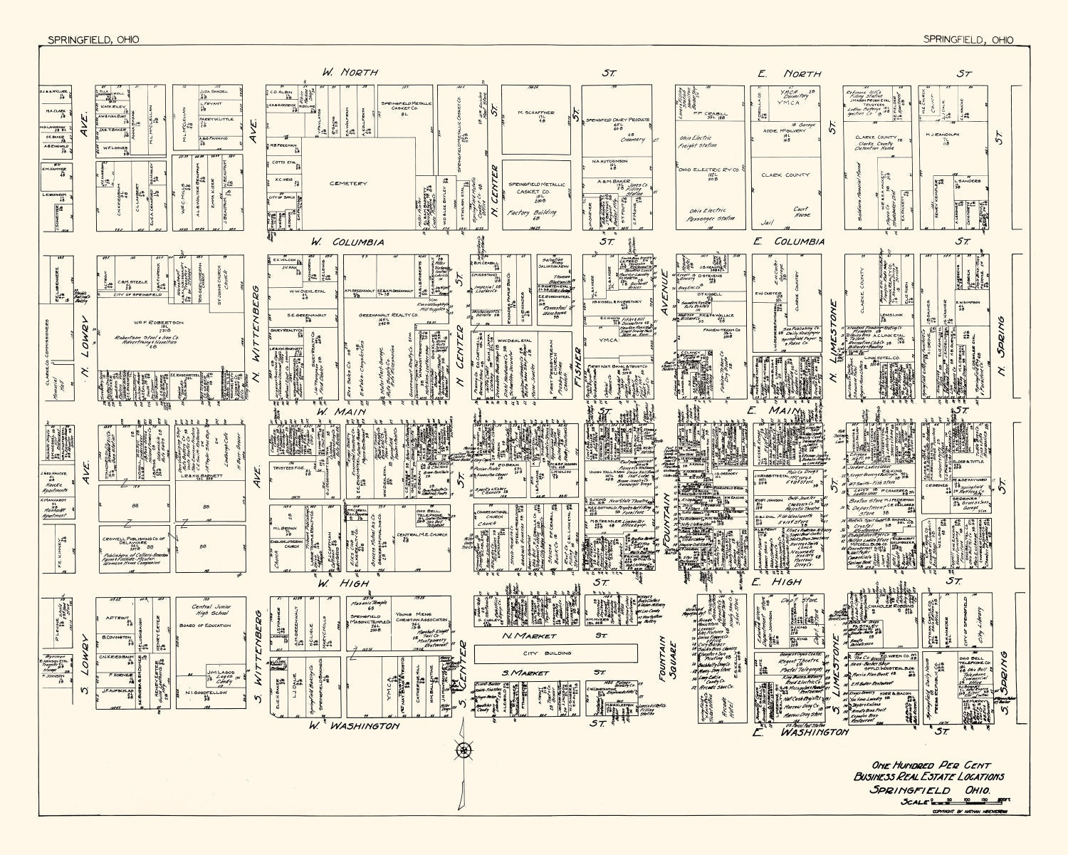 Vintage Map of Springfield, OH Business Section 1929