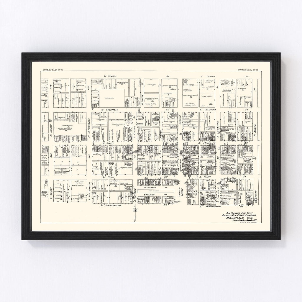 Vintage Map of Springfield, OH Business Section 1929