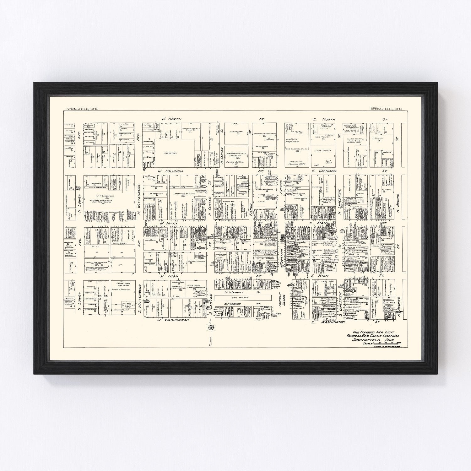 Vintage Map of Springfield, OH Business Section 1929