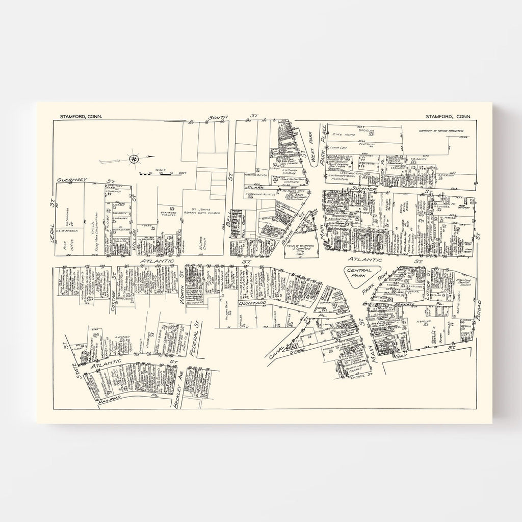 Vintage Map of Stamford, CT Business Section 1929