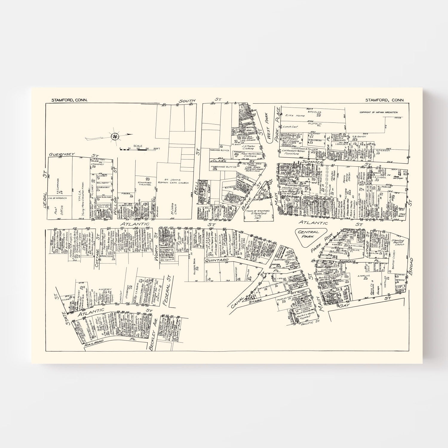 Vintage Map of Stamford, CT Business Section 1929