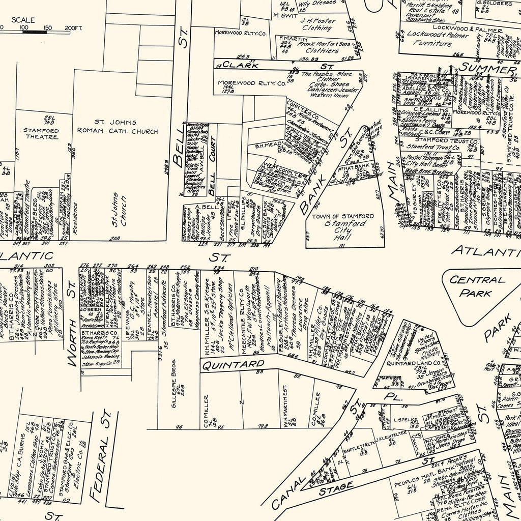 Vintage Map of Stamford, CT Business Section 1929