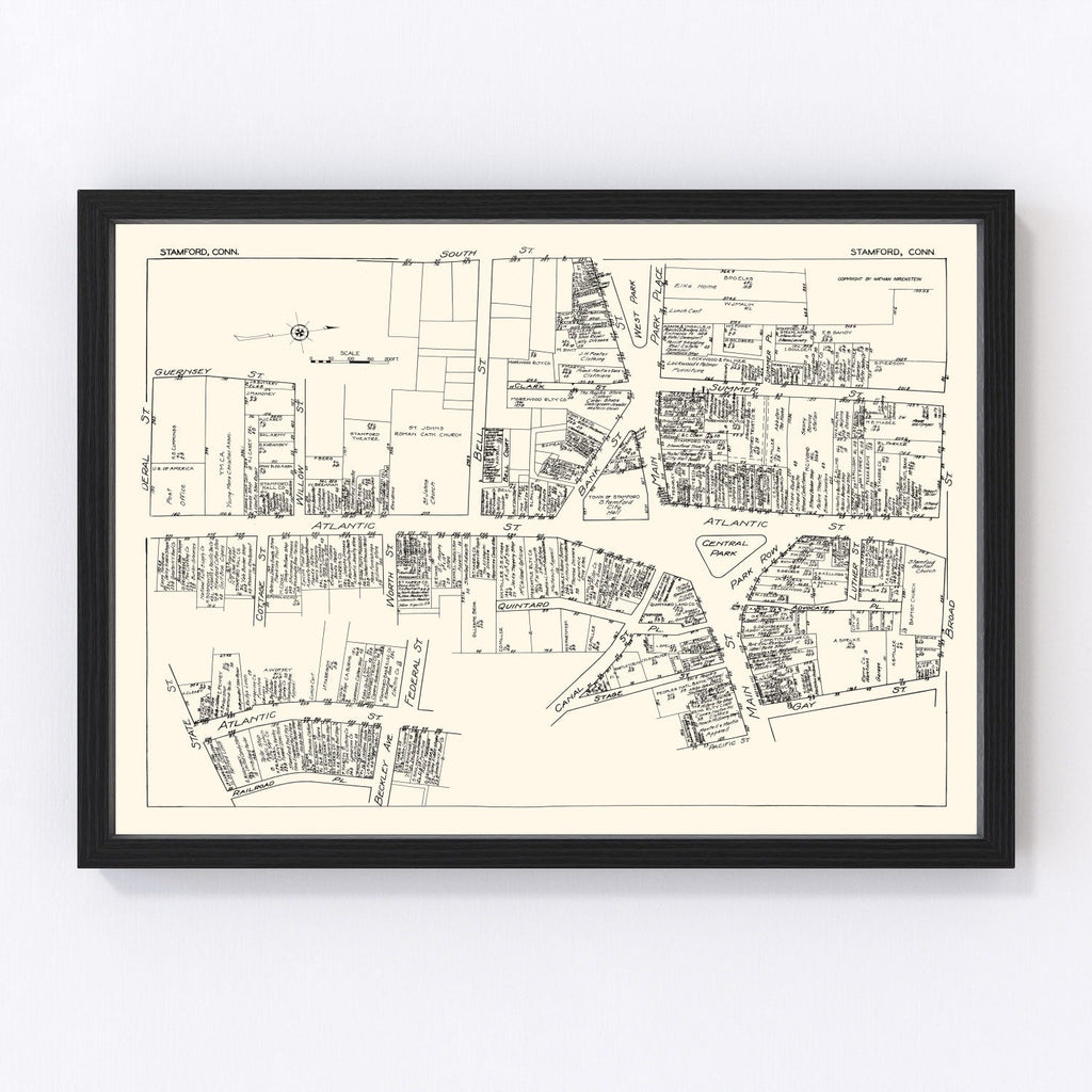 Vintage Map of Stamford, CT Business Section 1929