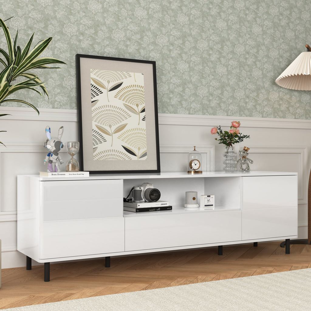 High Gloss Panel Modern TV Console, TV Stand, Entertainment Center with Storage Shelves,TV Cabinet for Living Room, Bedroom, Cloud White 63x15.74x19.68 inch
