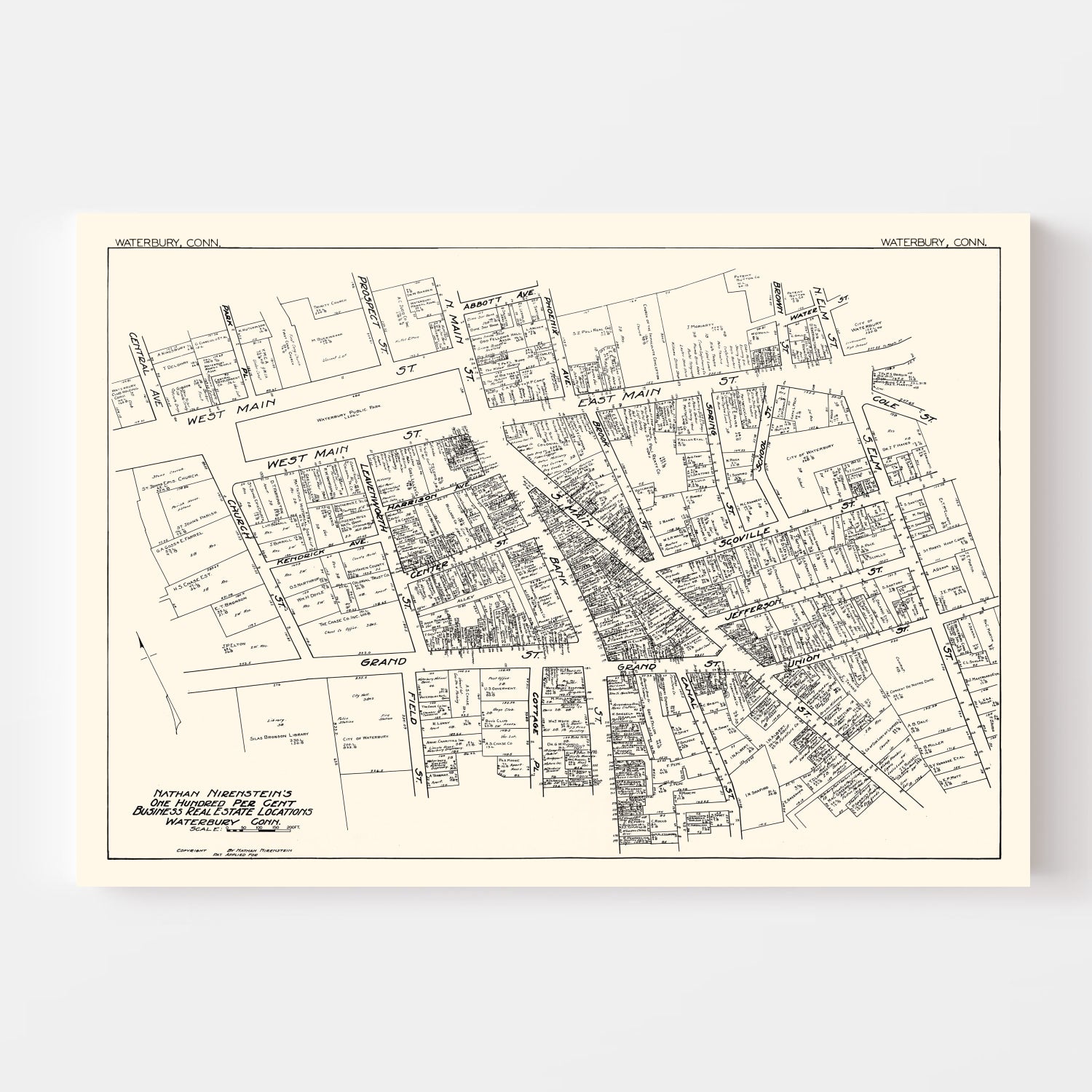 Vintage Map of Waterbury, CT Business Section 1929