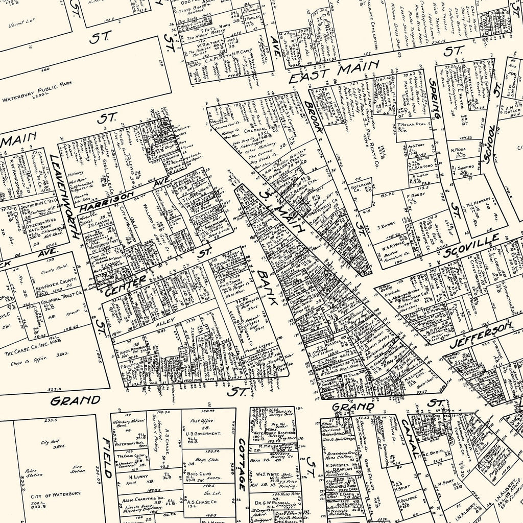 Vintage Map of Waterbury, CT Business Section 1929
