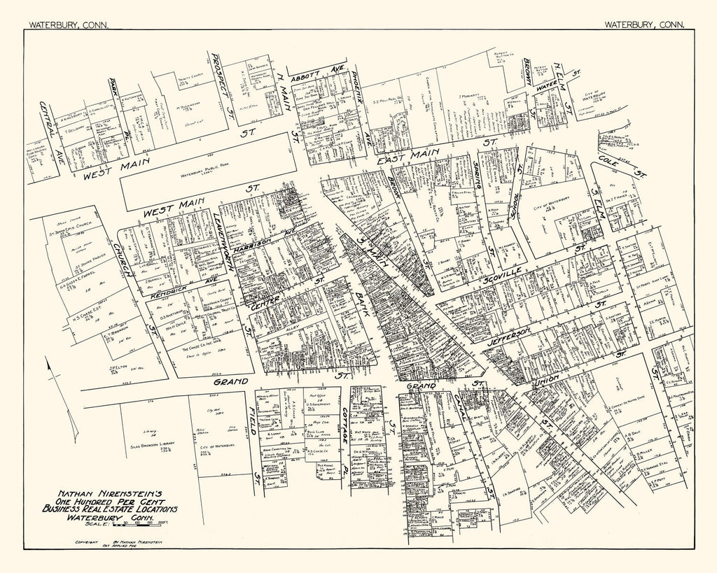 Vintage Map of Waterbury, CT Business Section 1929