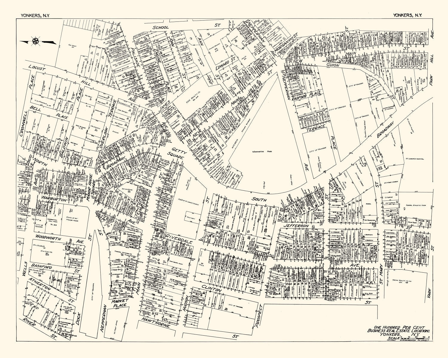 Vintage Map of Yonkers, NY Business Section 1929