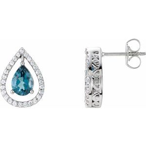 14K White Gold Natural London Blue Topaz & 1/3 CTW Natural Diamond Halo-Style Earrings
