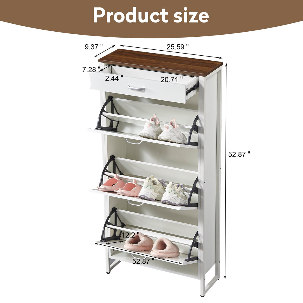 Shoe Storage Cabinet with 3 Flip Drawers&1 Drawer, Slim Freestanding Storage Racks for Entryway, Hallway, Hidden Narrow Shoe Organizers Perfect for Heels, Boots, Slippers, white/Walnut