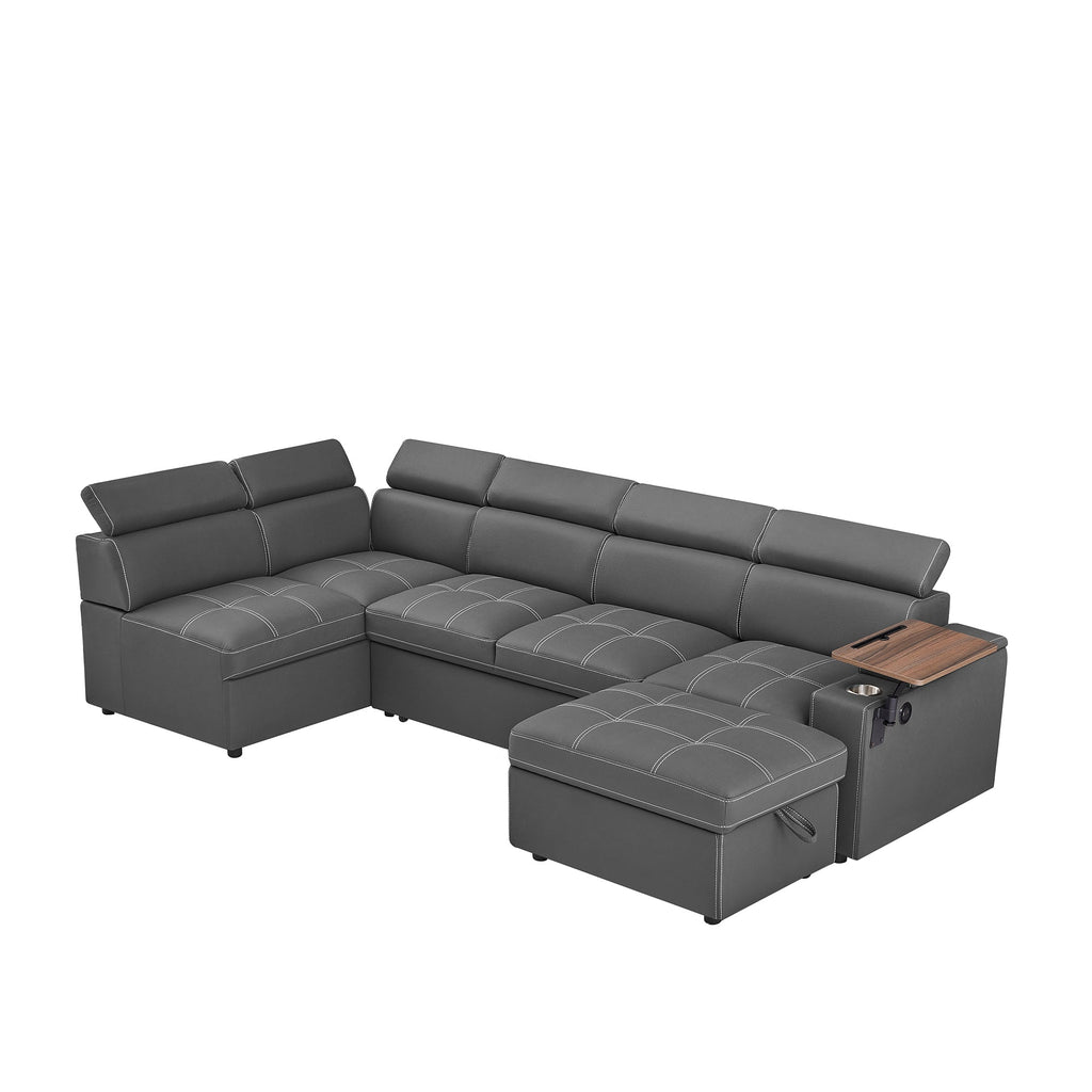 Grey Fabric Sectional Sofa with Storage Ottoman