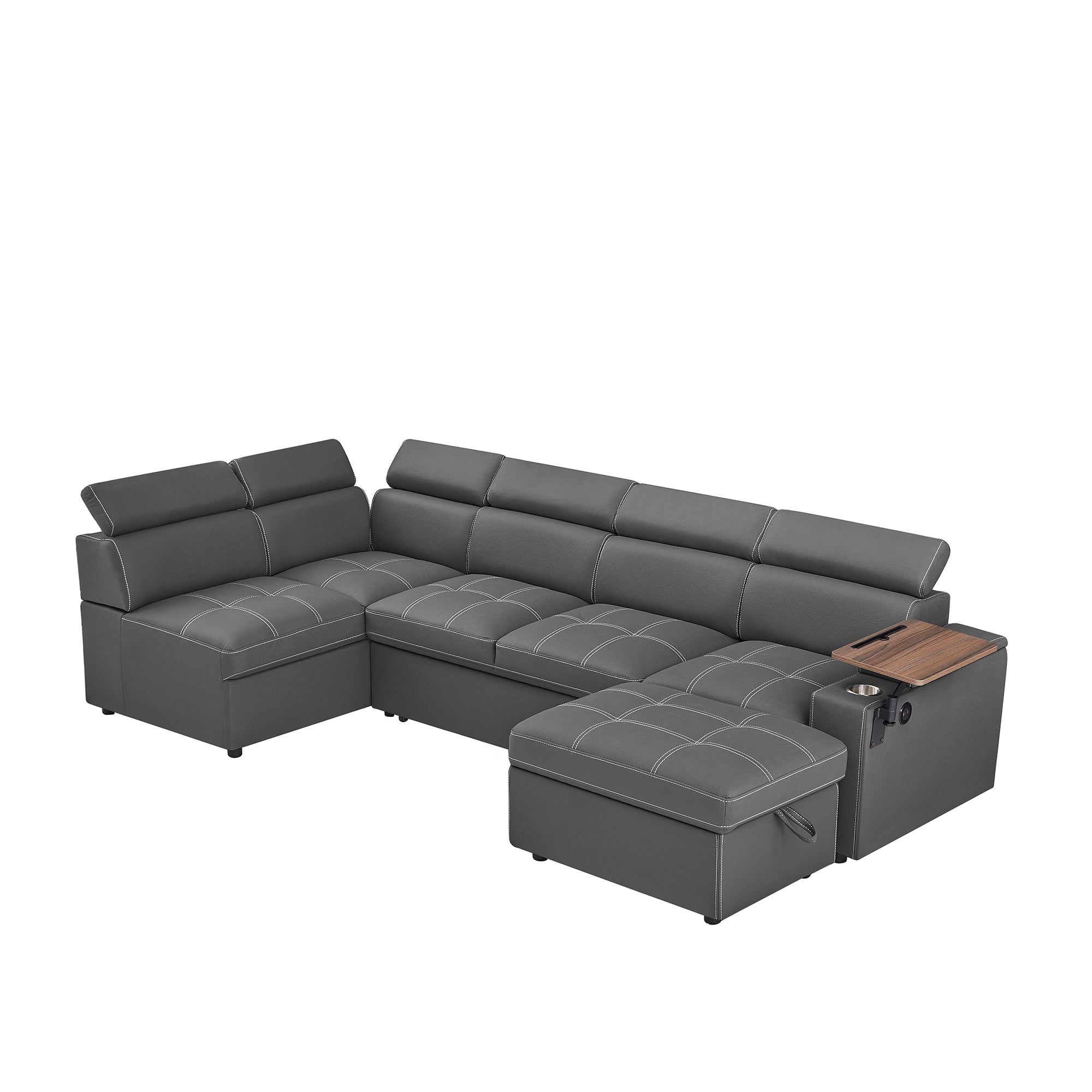 Grey Fabric Sectional Sofa with Storage Ottoman