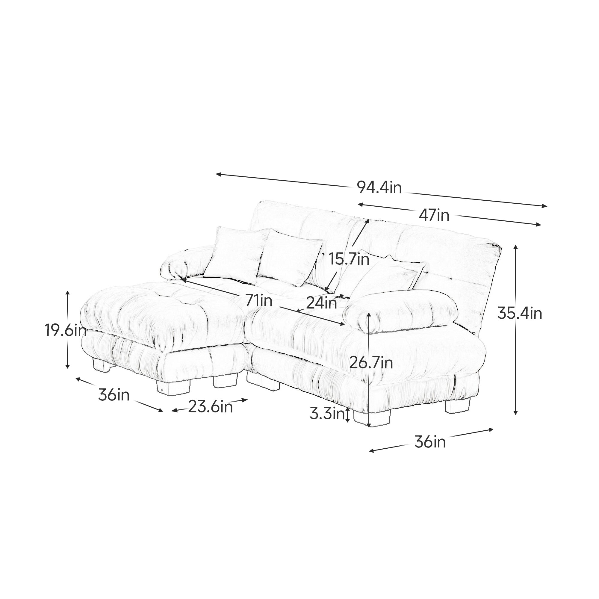 Cloud Couch Sectional Sofa for Living Room, Chenille 2 Seater Sofa with 2 Lumbar pillows and 2 throw pillows , Upholstered Wide Arm Sofa with Convertible Ottoman,Chenille Gray