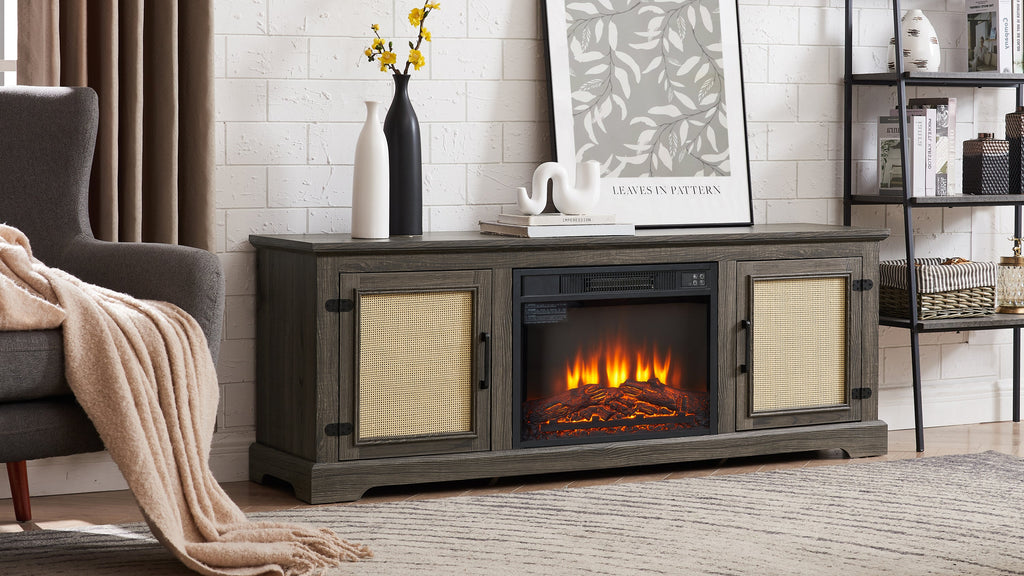 Natural Rattan Door Cabinet with Adjustable Shelf Wood, Farmhouse Rattan TV Stand Console Table for TVs up to 70 Inches, Storage tv stand with 23' fireplace insert, 65'W*15.55'D*23.86'H,GREY