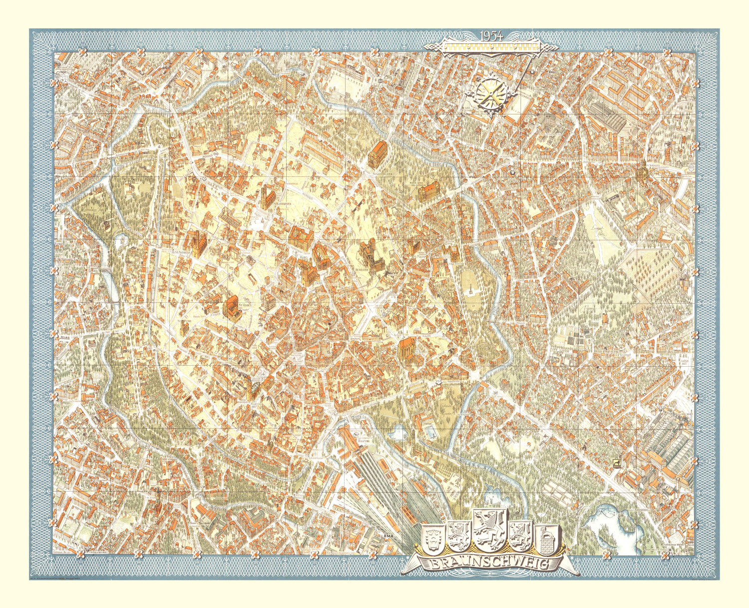 Vintage Map of Braunschweig, Germany 1954