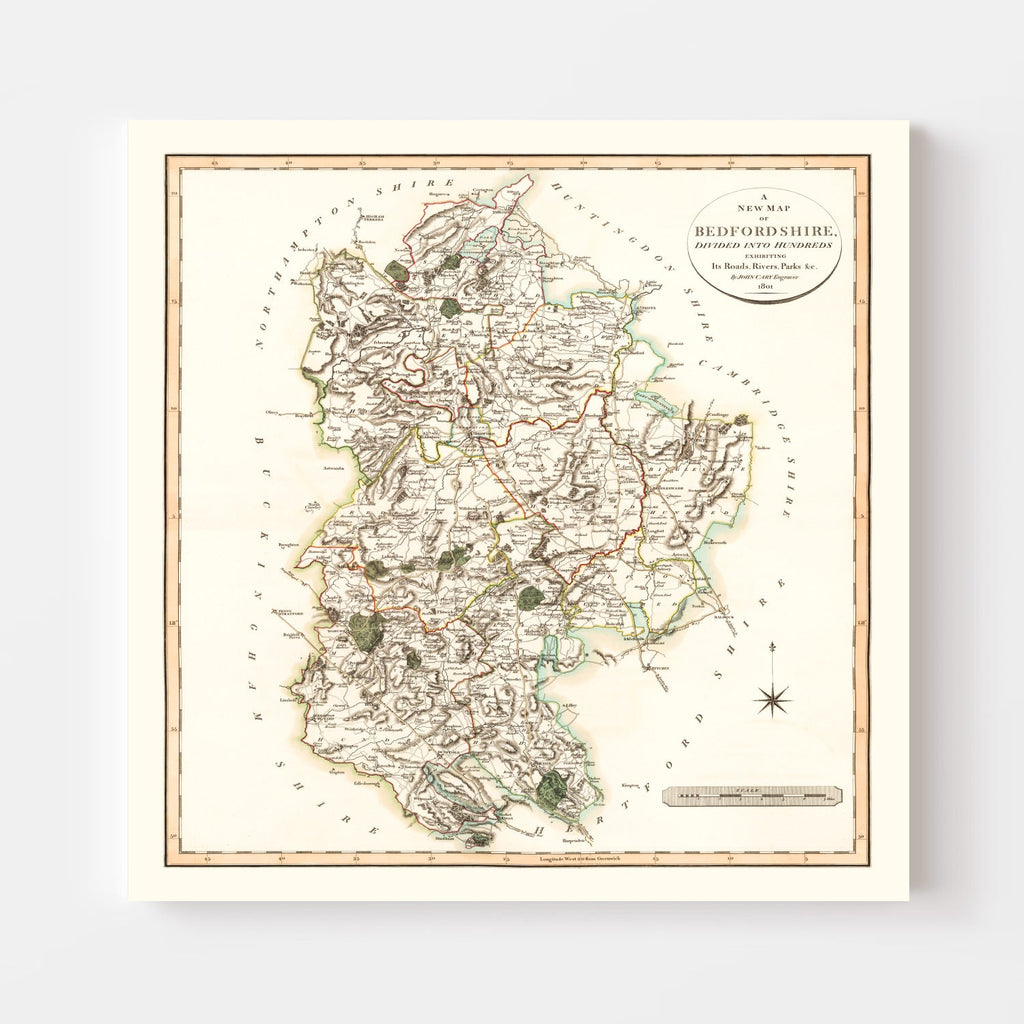Vintage Map of Bedfordshire County England, 1801