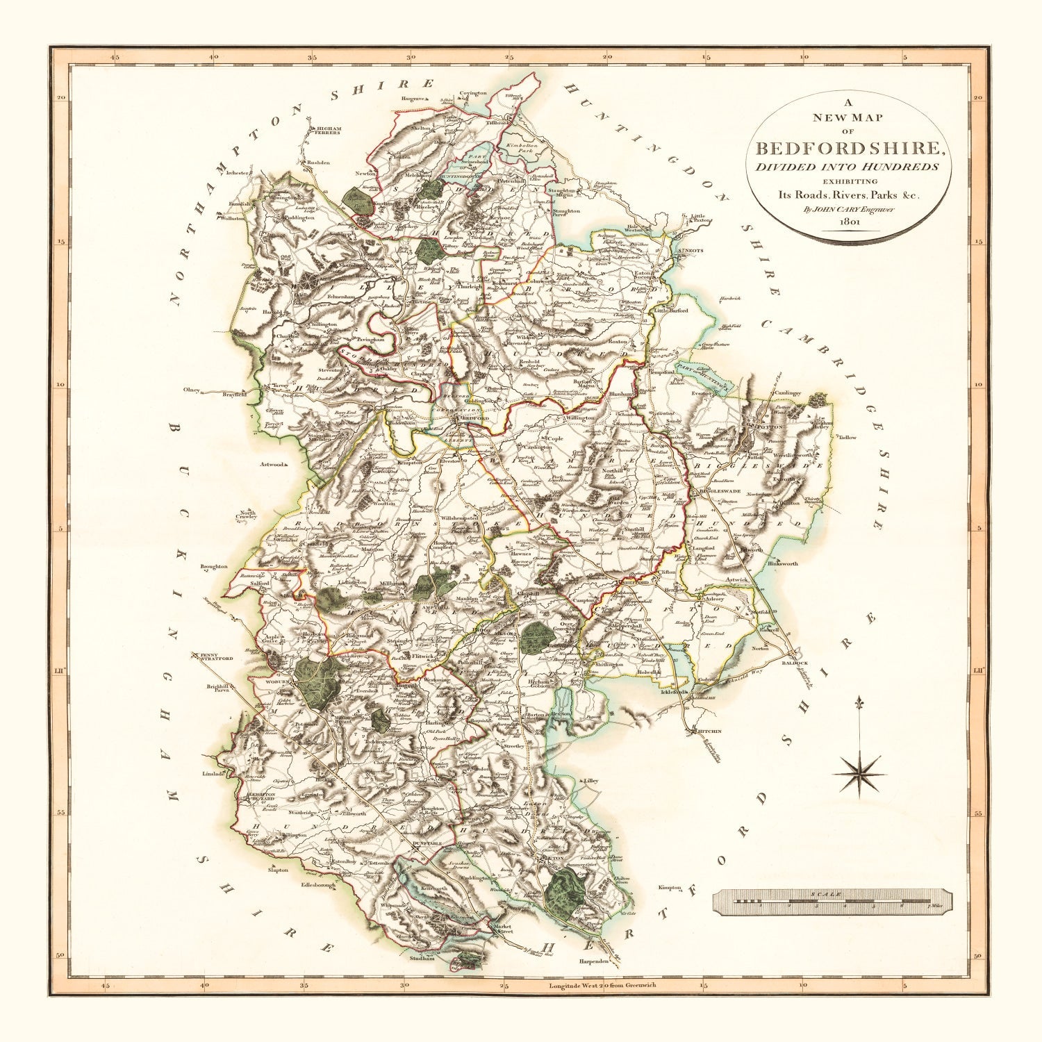 Vintage Map of Bedfordshire County England, 1801