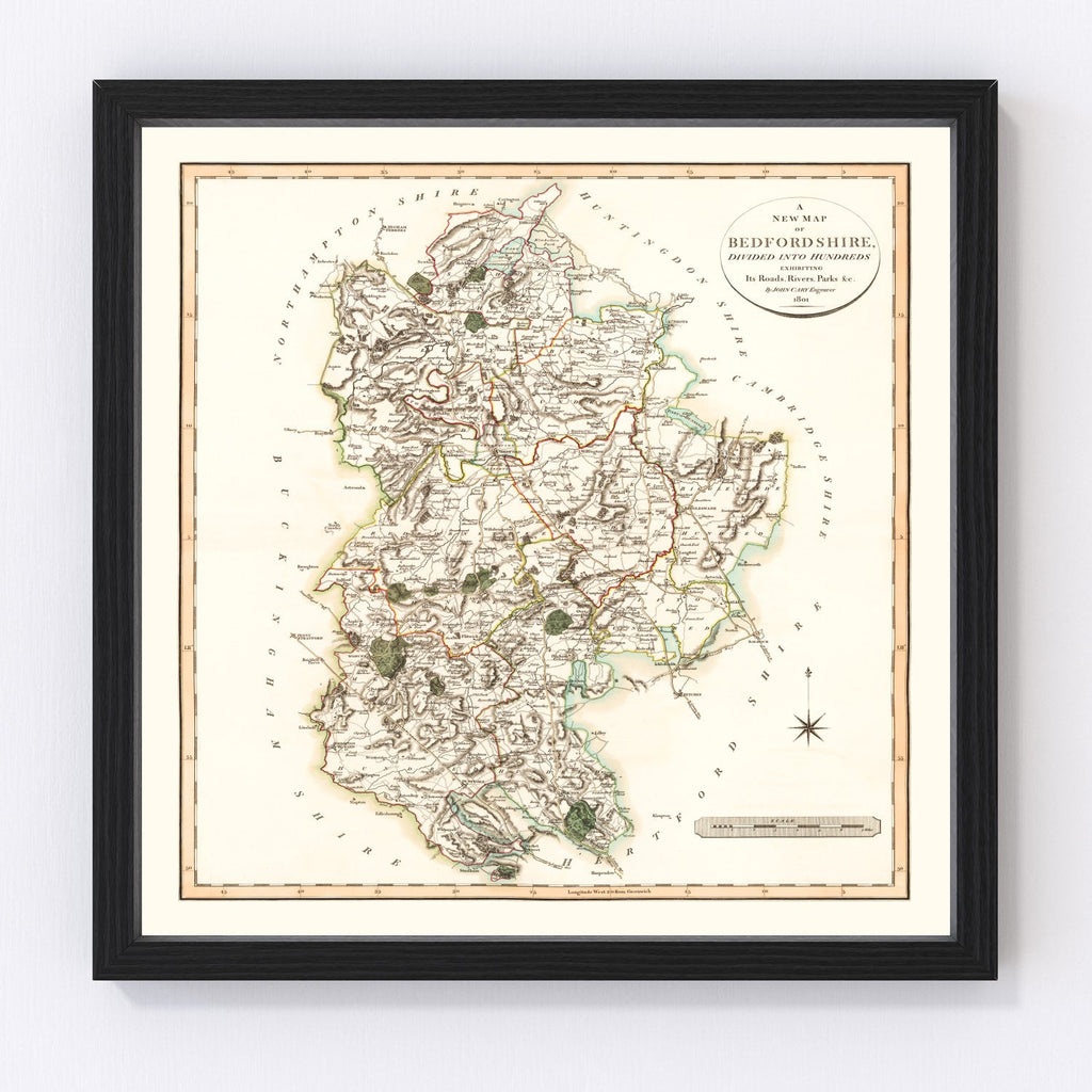 Vintage Map of Bedfordshire County England, 1801