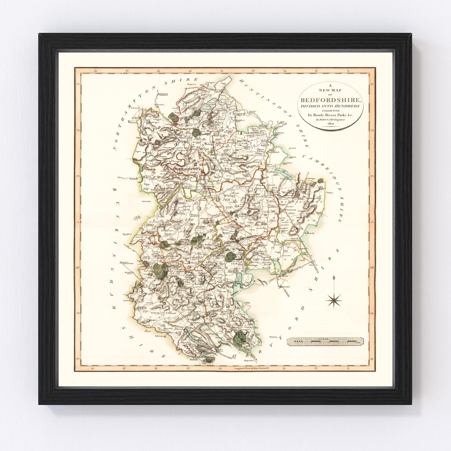Vintage Map of Bedfordshire County England, 1801