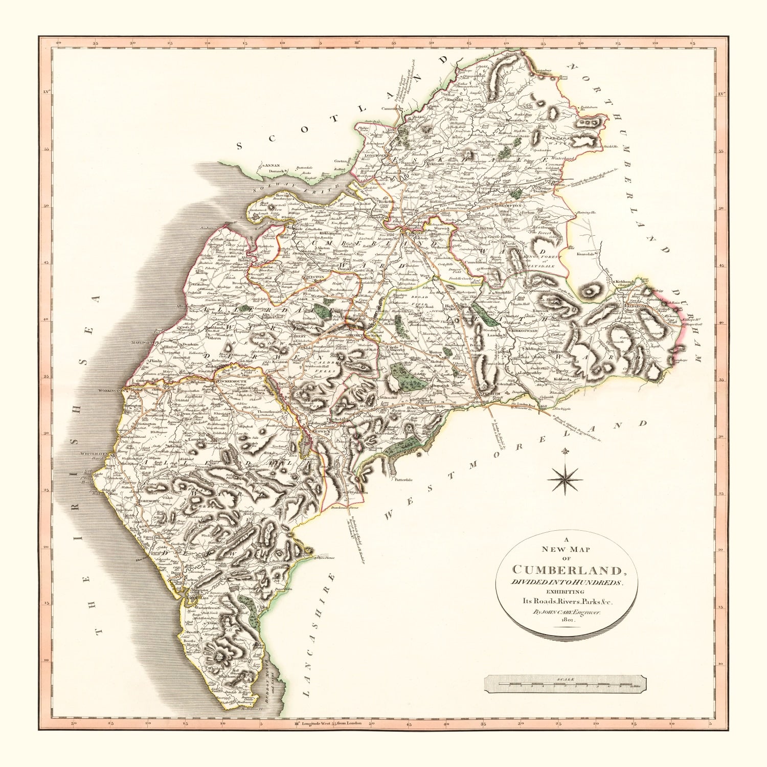Vintage Map of Cumberland County England, 1801
