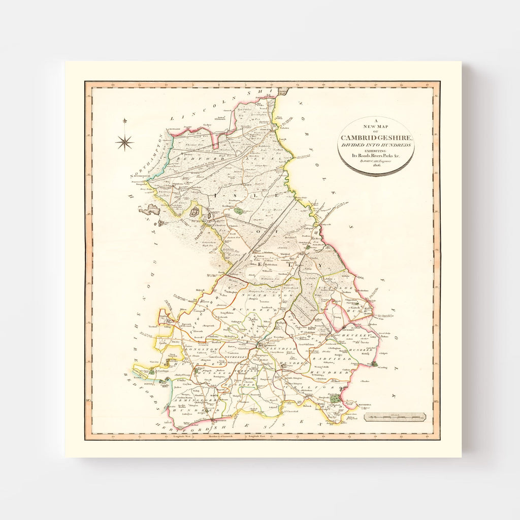 Vintage Map of Cambridgeshire County England, 1808