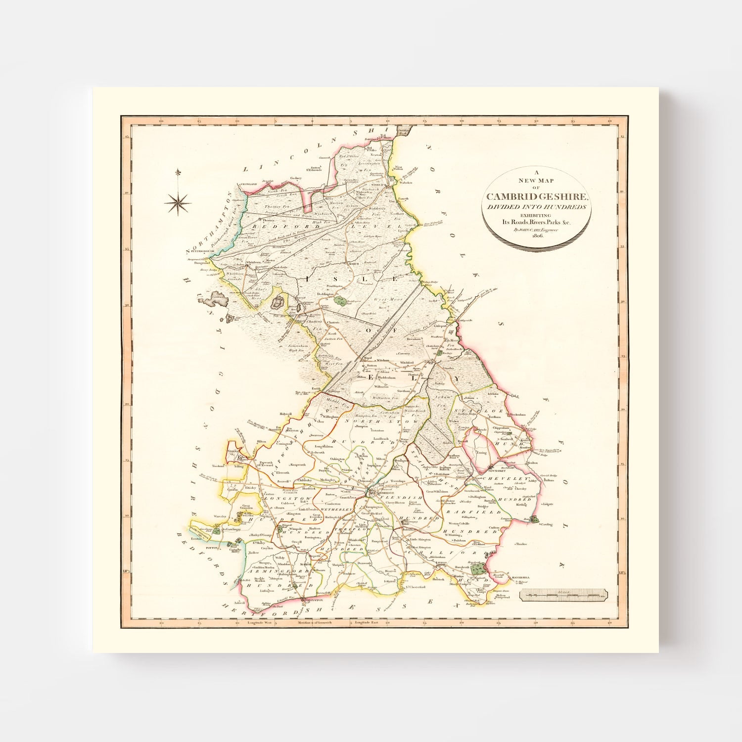 Vintage Map of Cambridgeshire County England, 1808