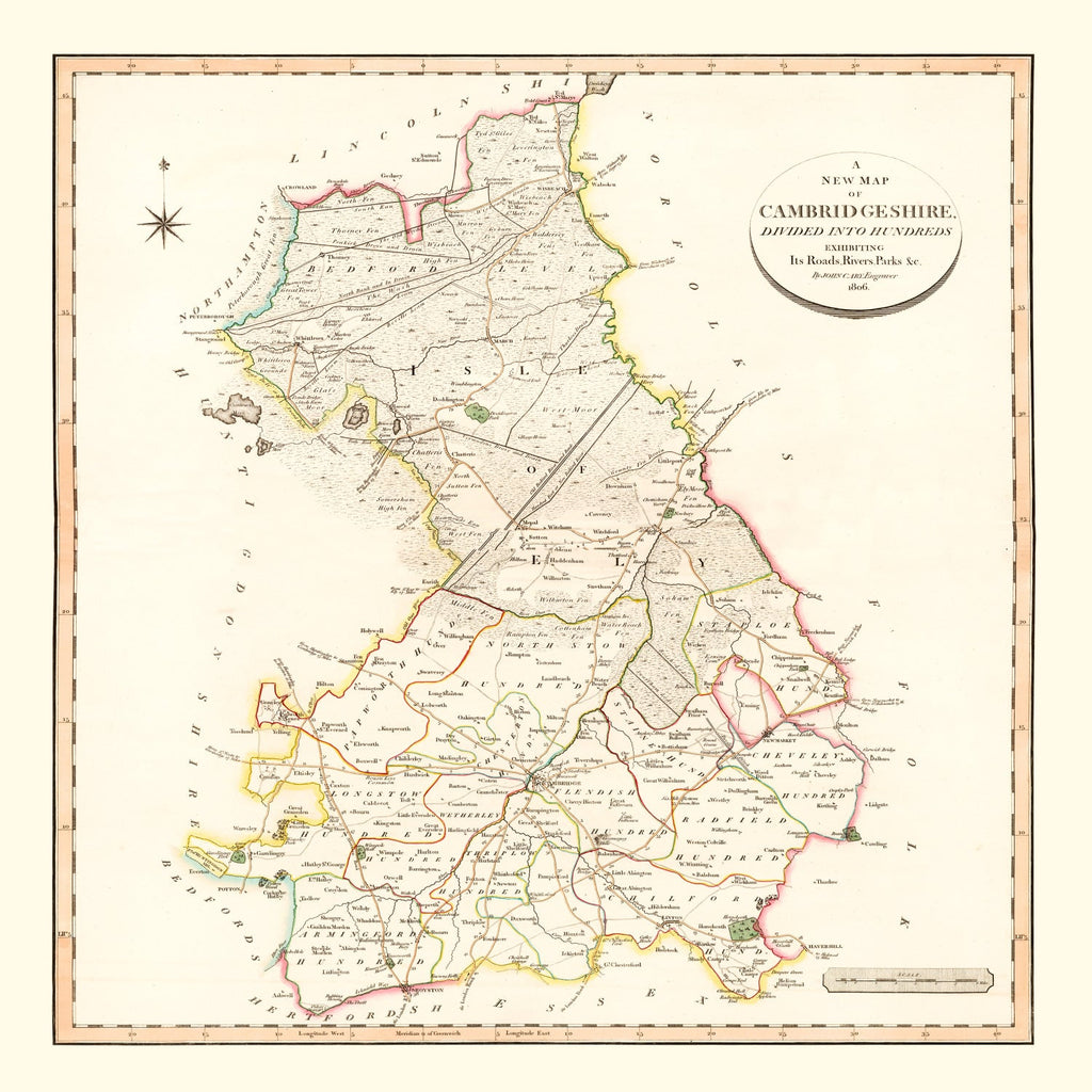 Vintage Map of Cambridgeshire County England, 1808