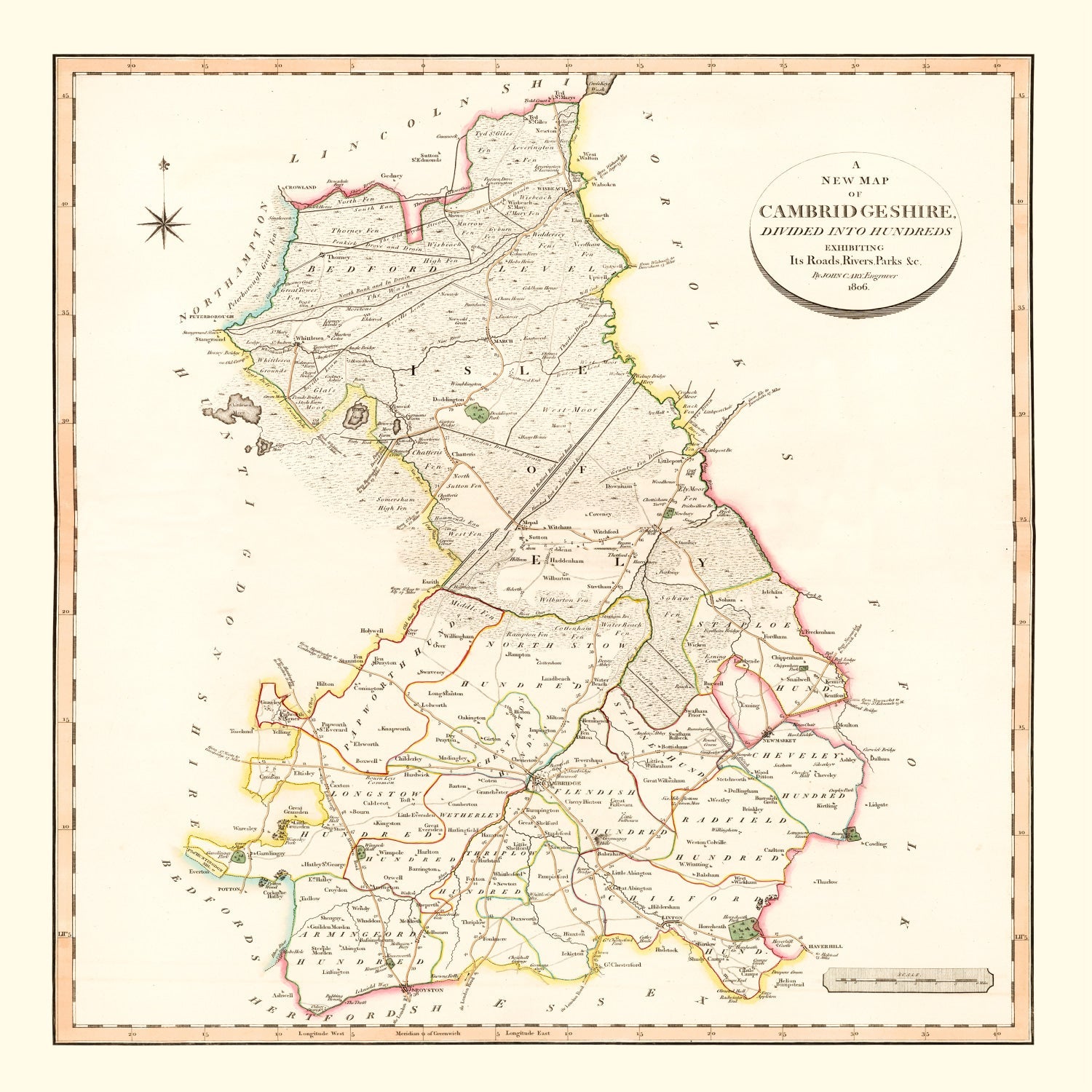 Vintage Map of Cambridgeshire County England, 1808