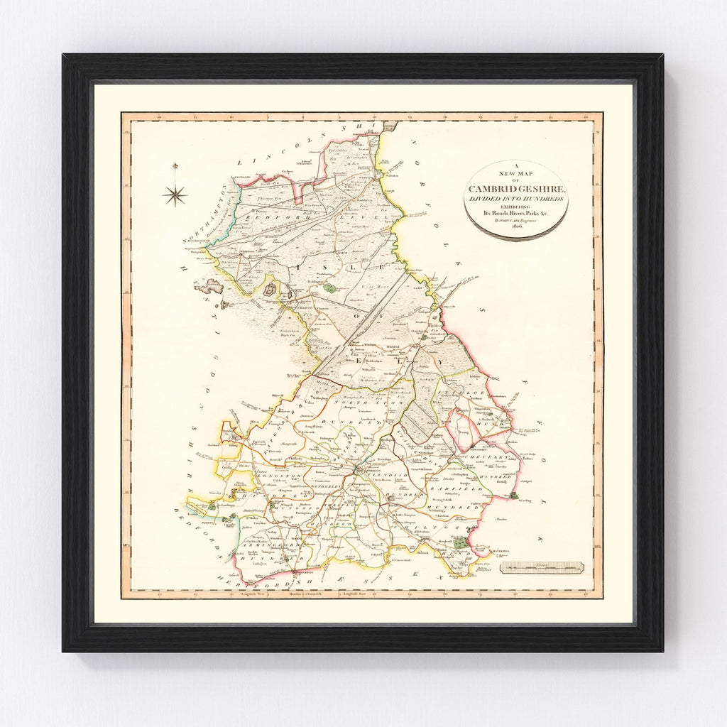 Vintage Map of Cambridgeshire County England, 1808