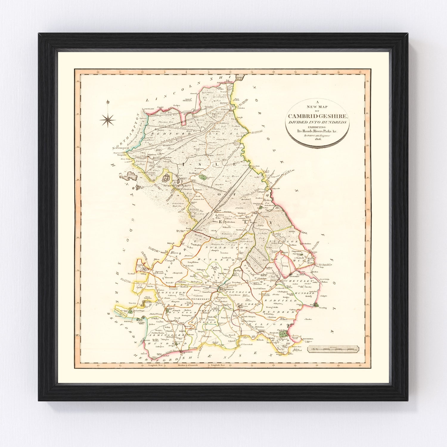 Vintage Map of Cambridgeshire County England, 1808