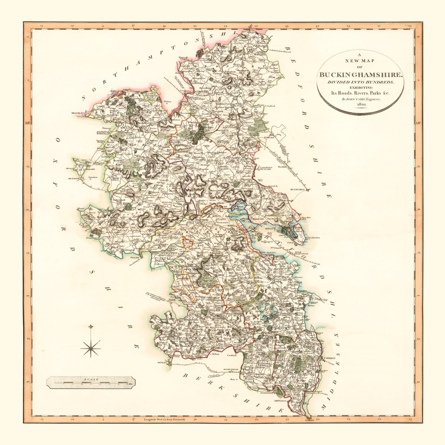 Vintage Map of Buckinghamshire County England, 1801