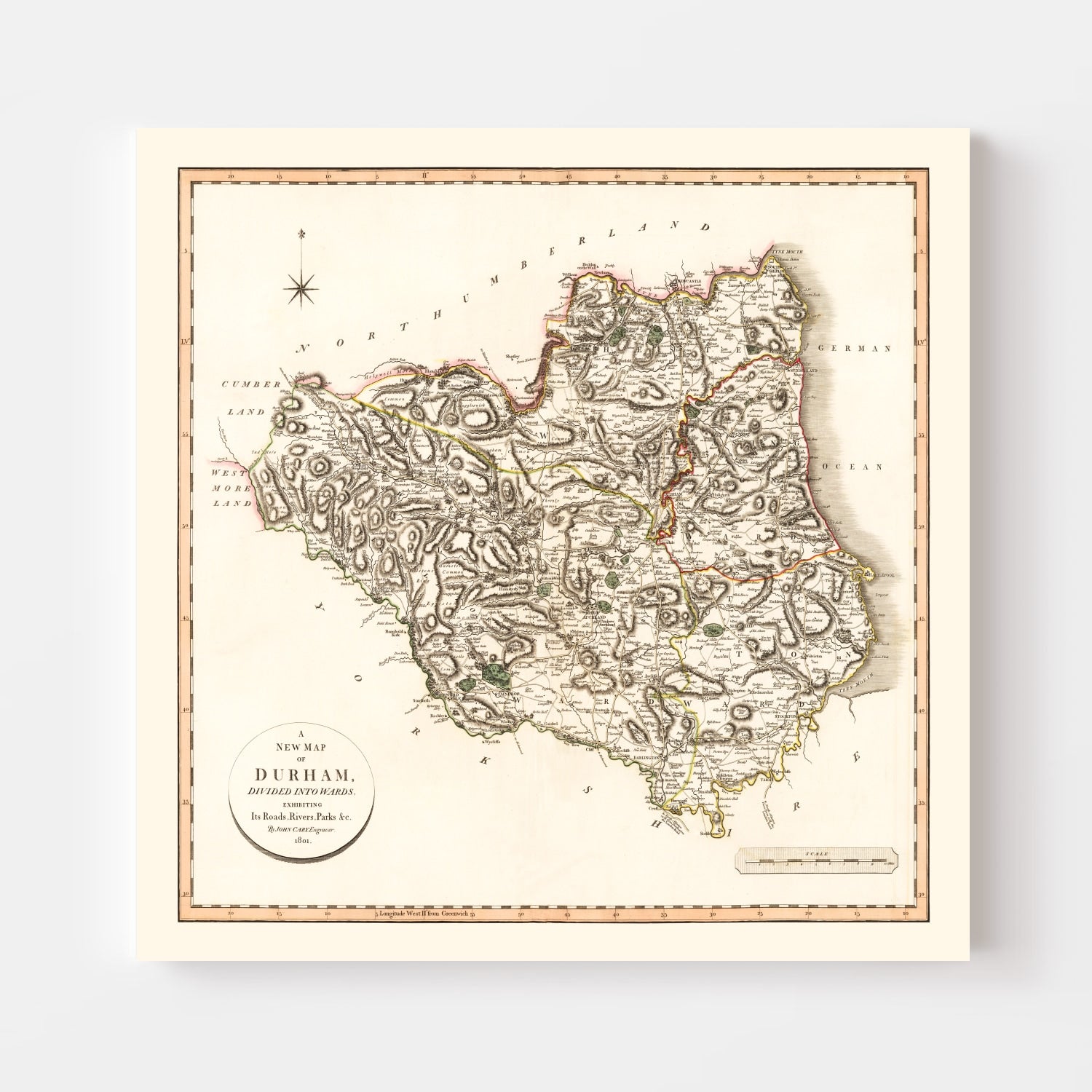 Vintage Map of Durham County England, 1801