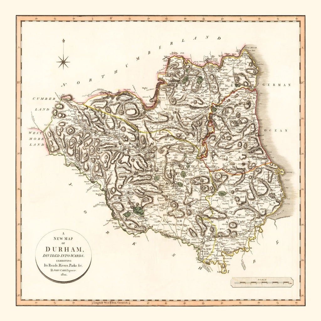 Vintage Map of Durham County England, 1801