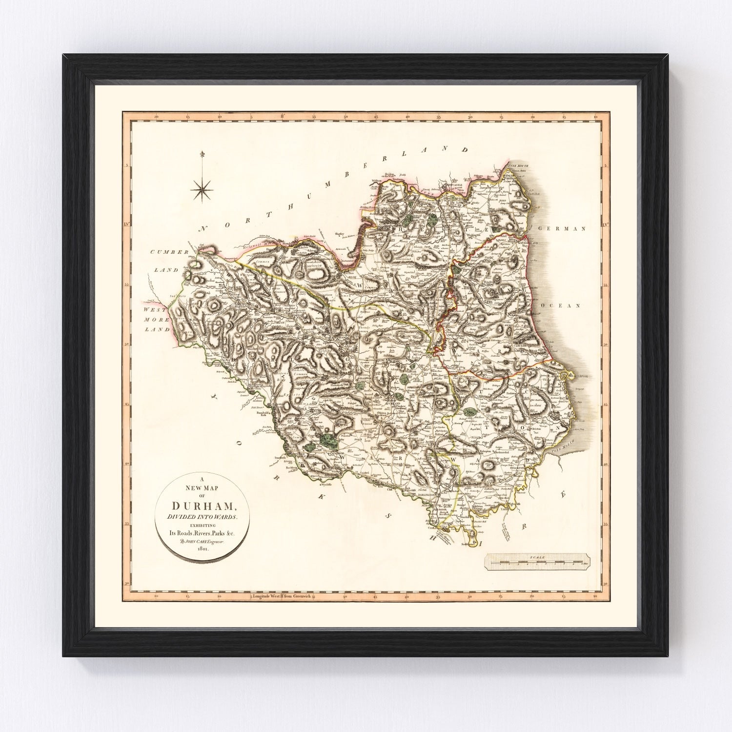 Vintage Map of Durham County England, 1801