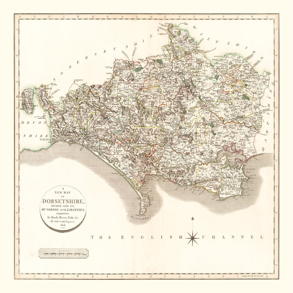Vintage Map of Dorsetshire County England, 1806