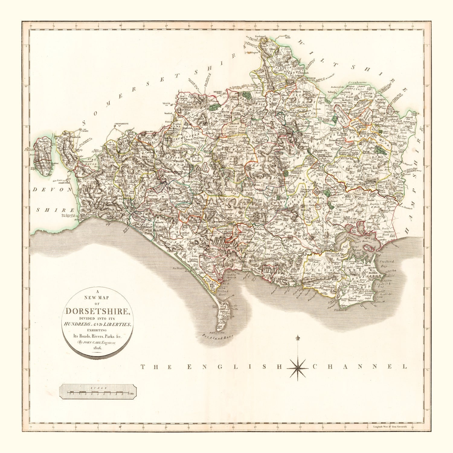 Vintage Map of Dorsetshire County England, 1806