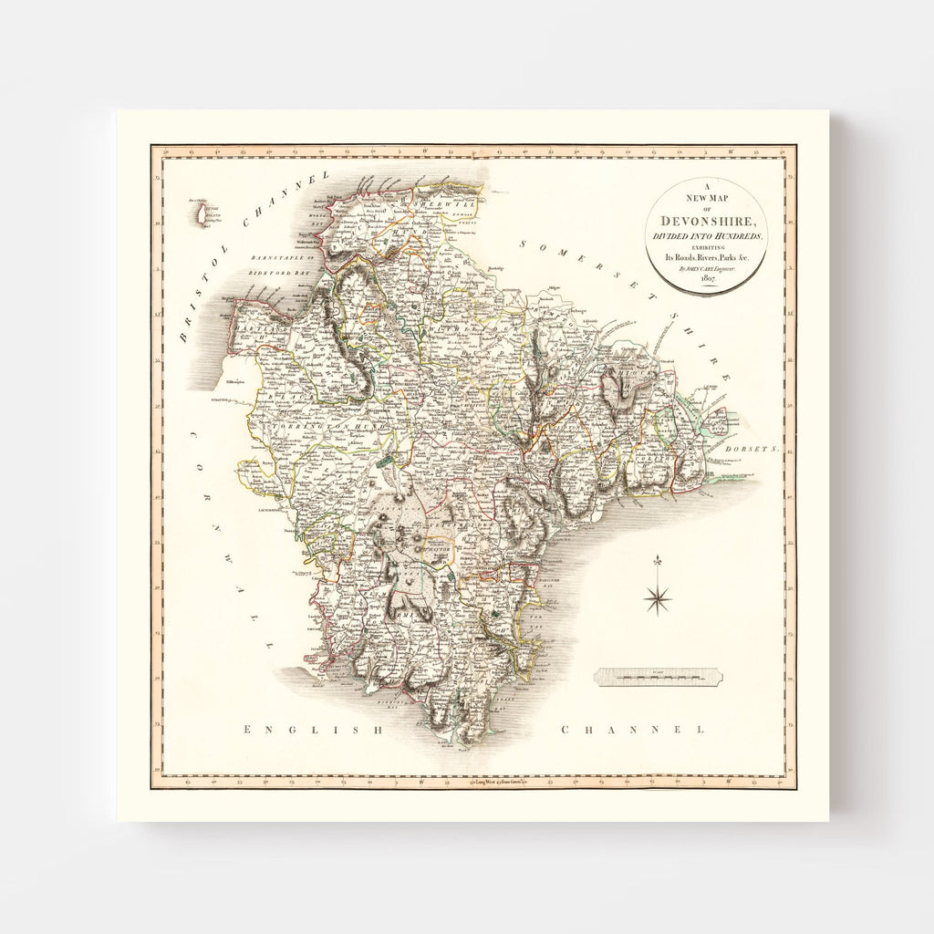 Vintage Map of Devonshire County England, 1807