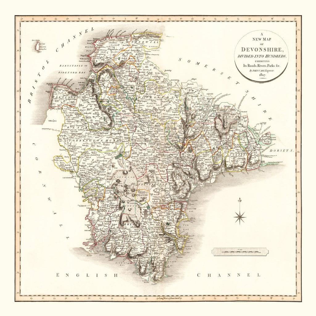 Vintage Map of Devonshire County England, 1807
