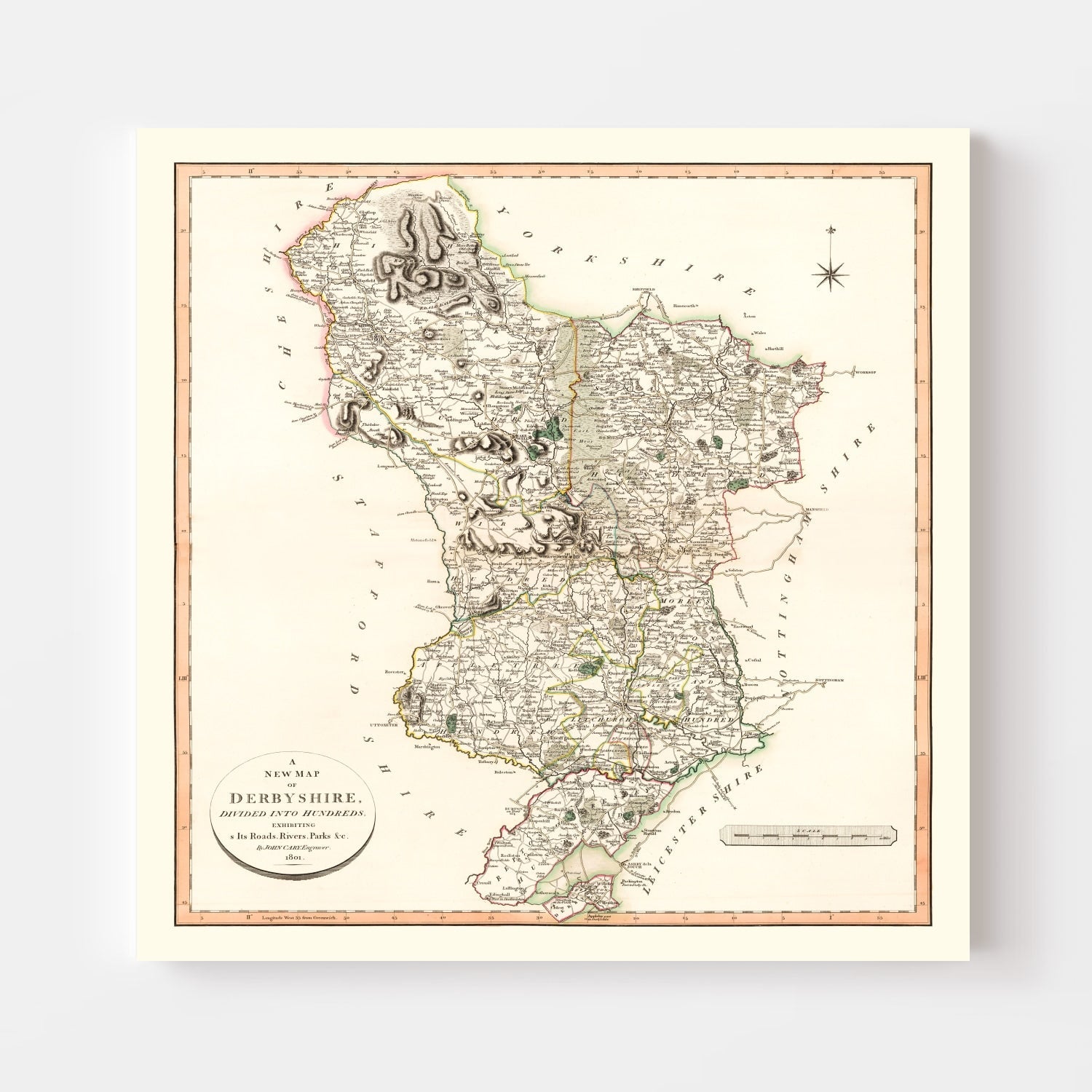 Vintage Map of Derbyshire County England, 1801