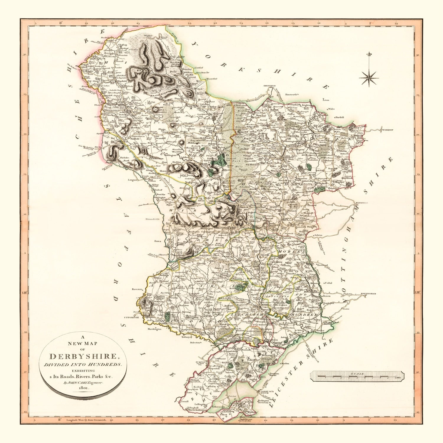 Vintage Map of Derbyshire County England, 1801
