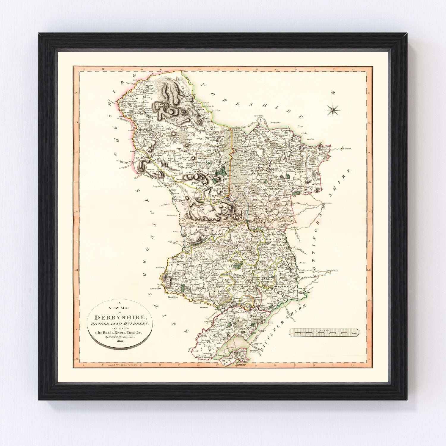 Vintage Map of Derbyshire County England, 1801