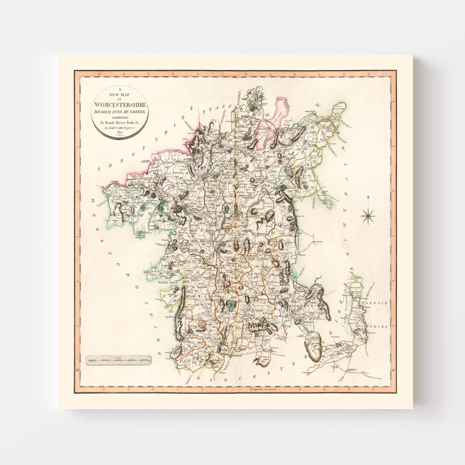 Vintage Map of Worcestershire County England, 1801