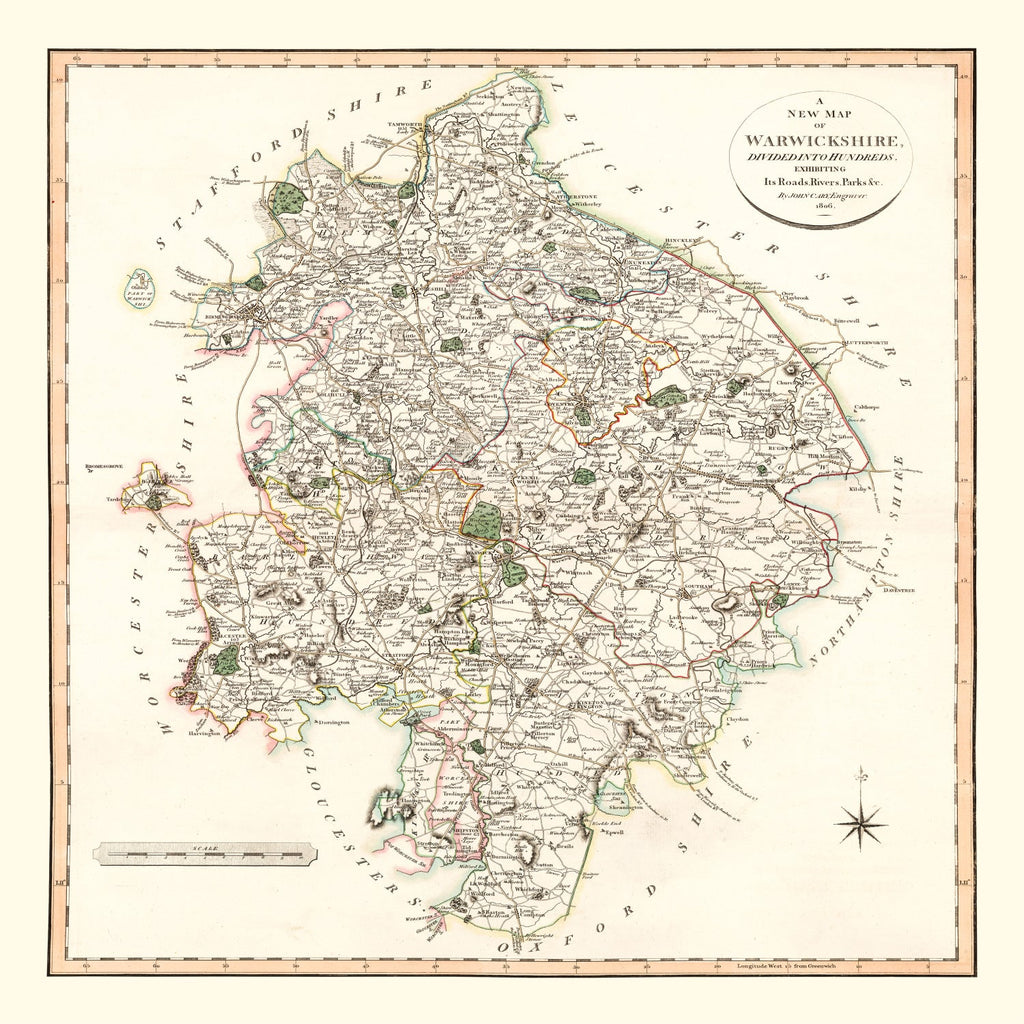 Vintage Map of Warwickshire County England, 1806