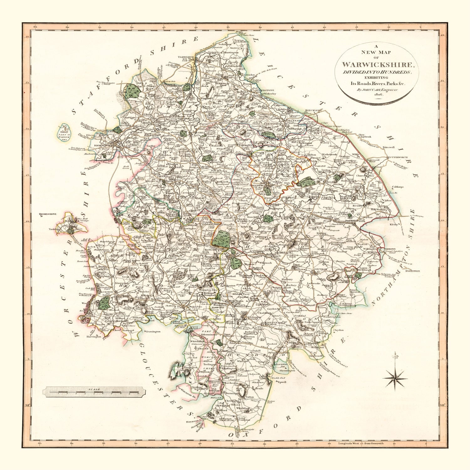 Vintage Map of Warwickshire County England, 1806
